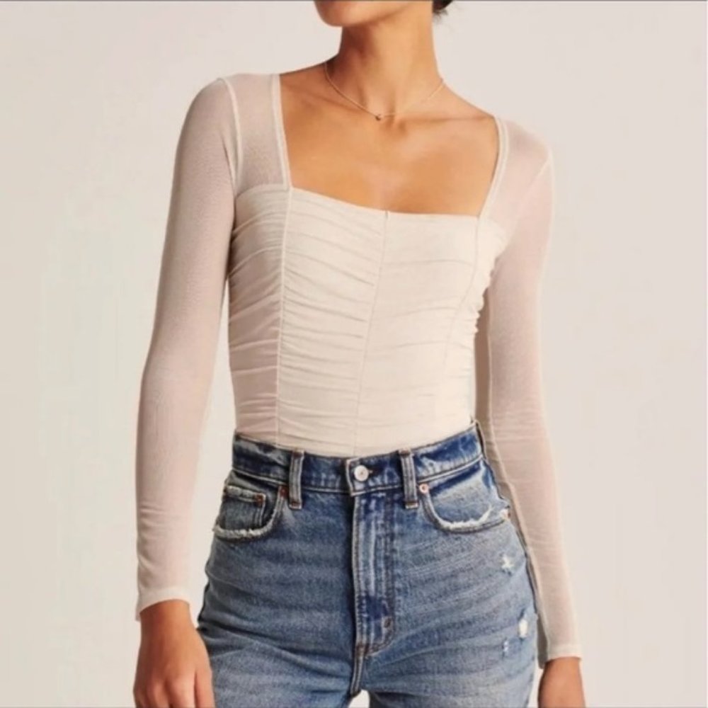 Abercrombie Long-Sleeve Ruched Mesh Bodysuit